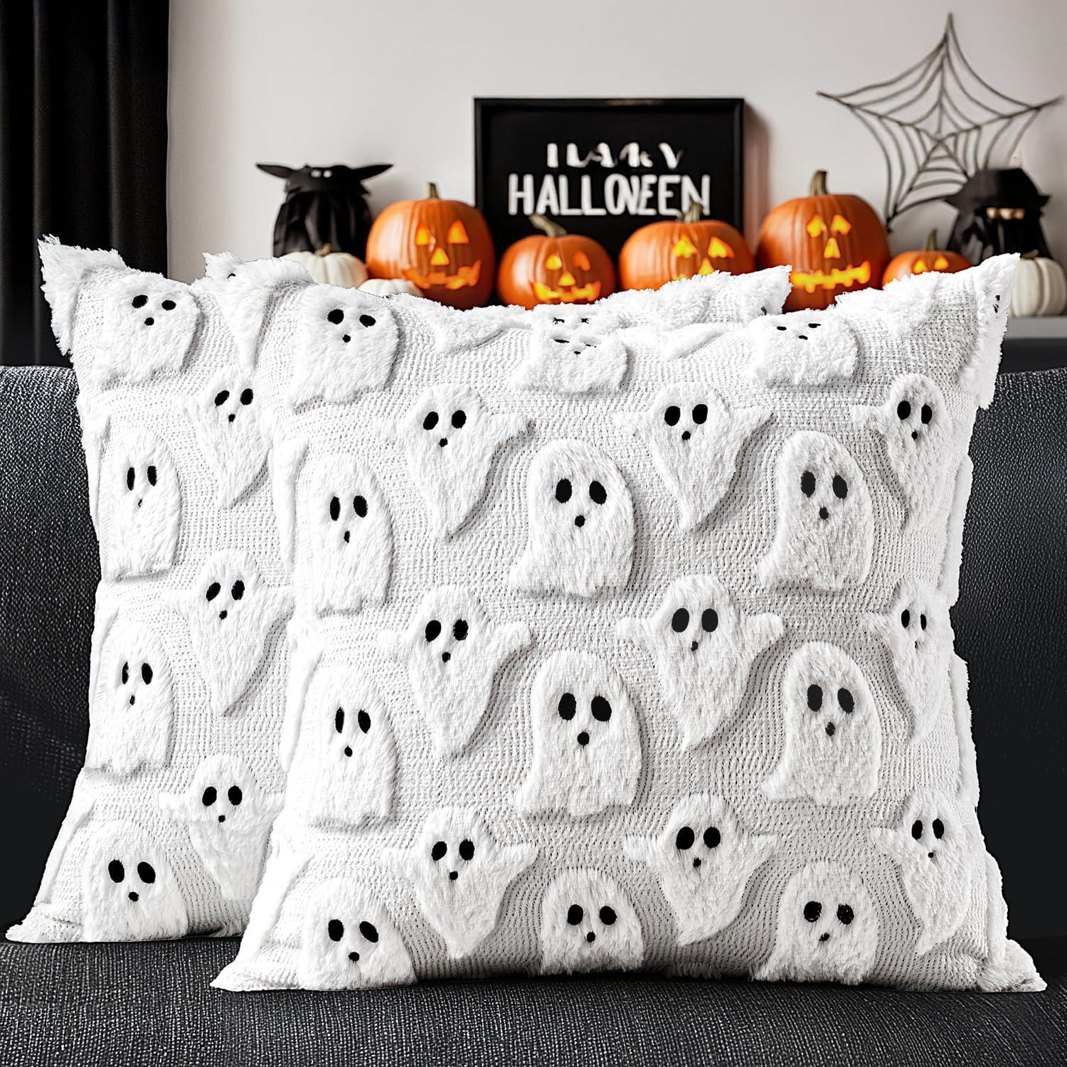 Title: Spooky Halloween Decor: Spider, Witch Hats, and Pillows